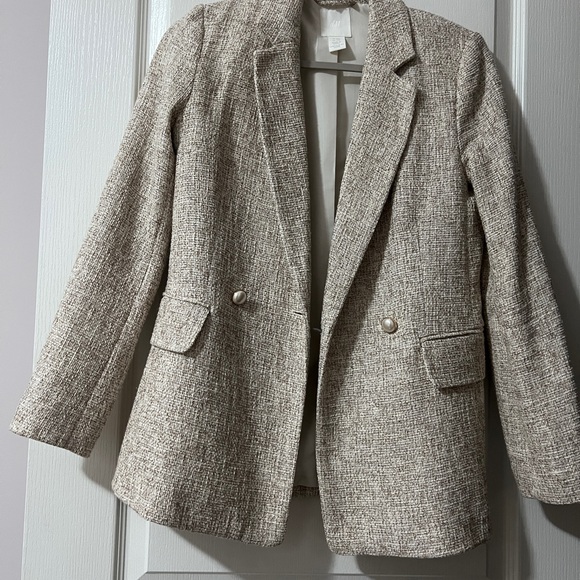 H&M Beige Tweed Double Breasted Blazer With Pearls XXS - Picture 3 of 4